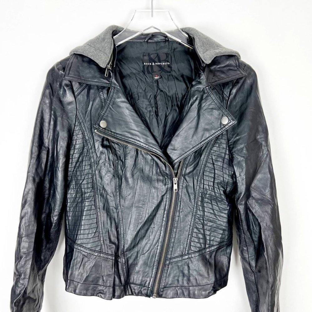 Rock & Republic Moto Biker Jacket Womens Small Black Faux Leather Removable Hood